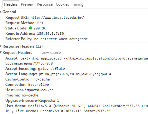 Exemplo de requisição HTTP no Chrome DevTools